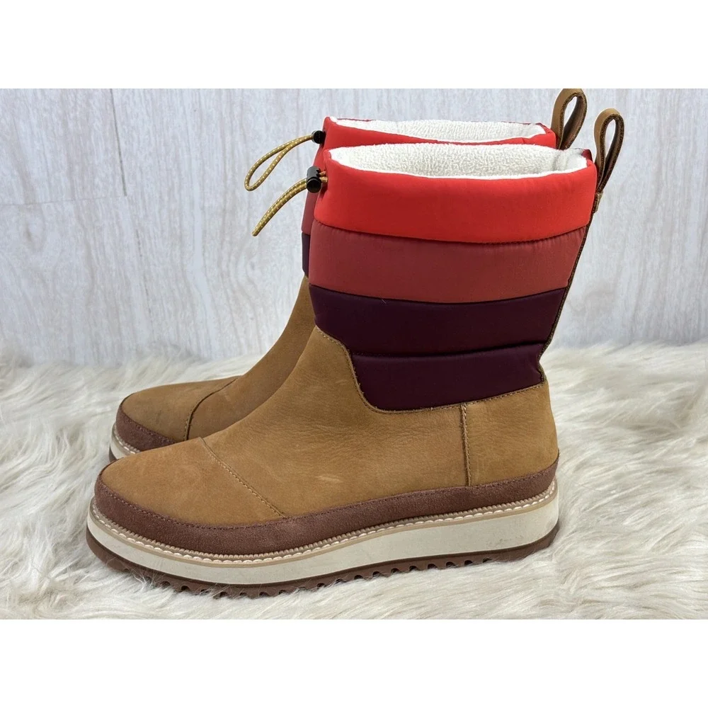 TOMS Makenna Winter Boots Womens 7.5 Tan Nubuck Quilted Faux Fur Water Resistant